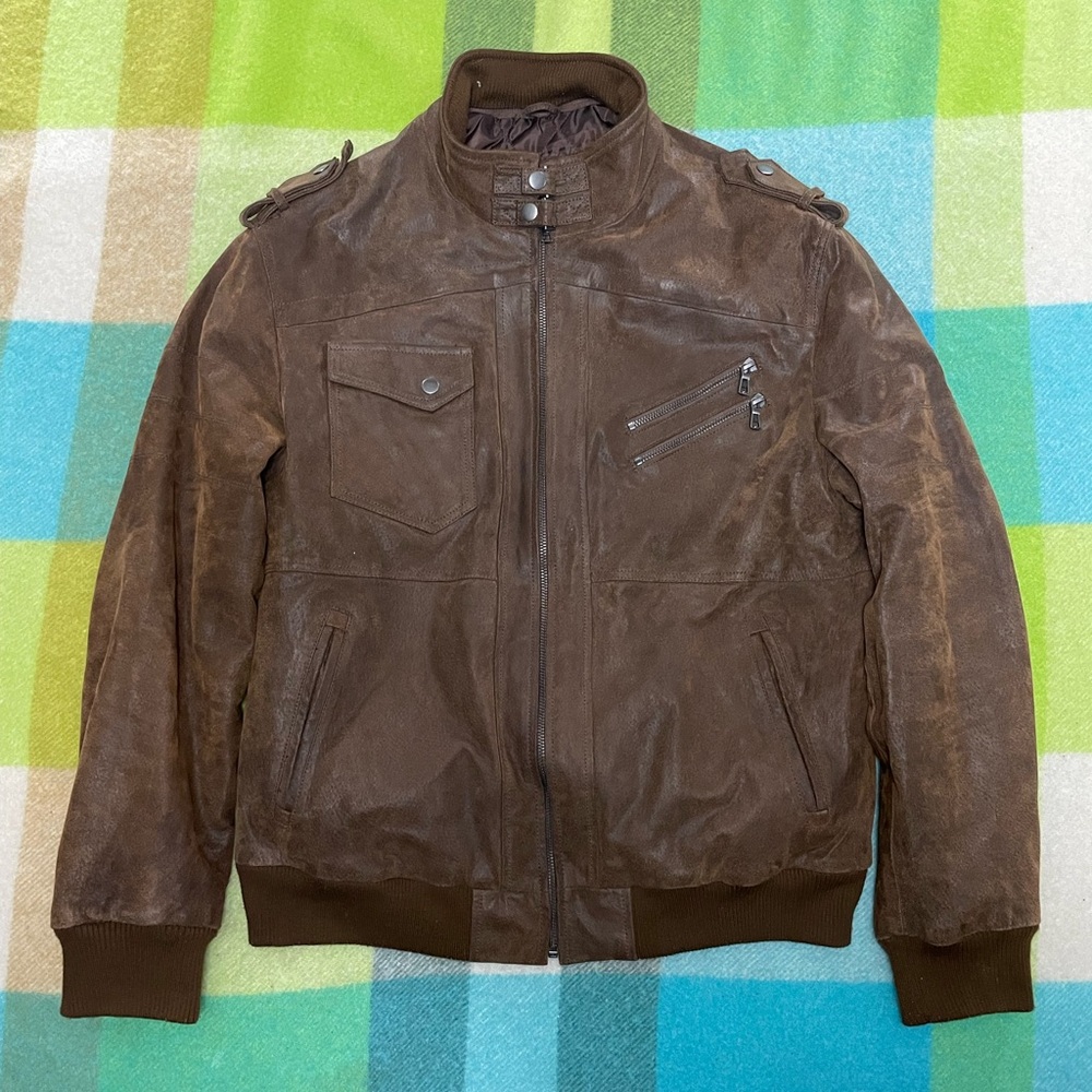 Vintage pig leather brown moto bomber jacket